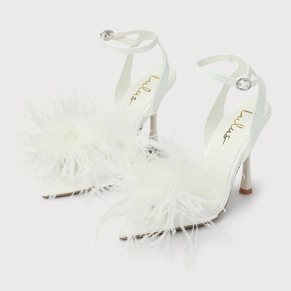 Lulu's White Feathered Ankle-Strap Stiletto Heels